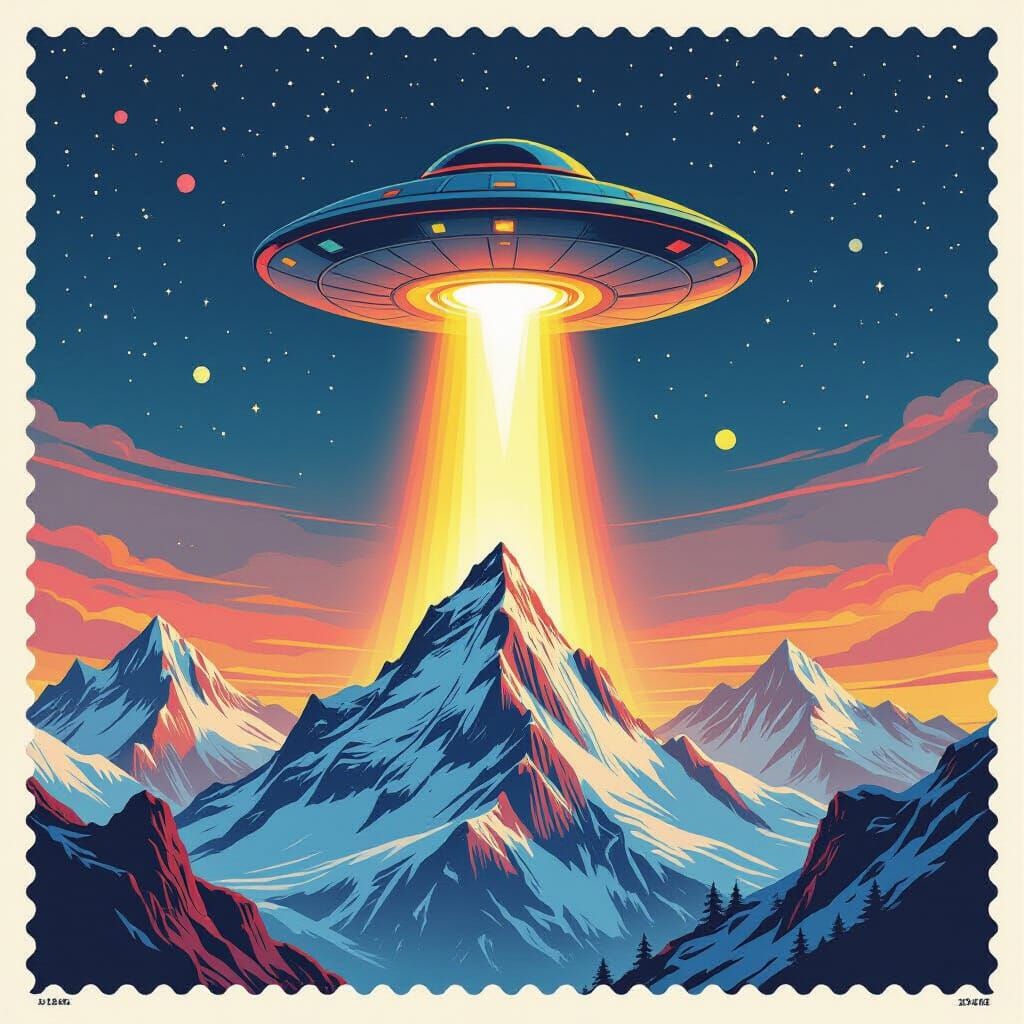 UFO Landing on Mountain: Surreal Postage Stamp Art