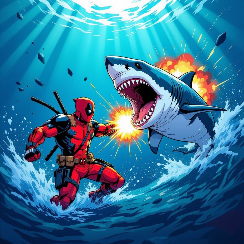 Deadpool Fights Giant Shark in Comic Book Style