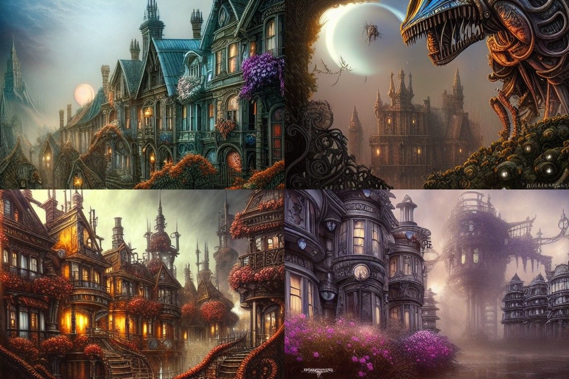 Fantasy Steampunk Townhouses with Alien Flowers at Sunset
