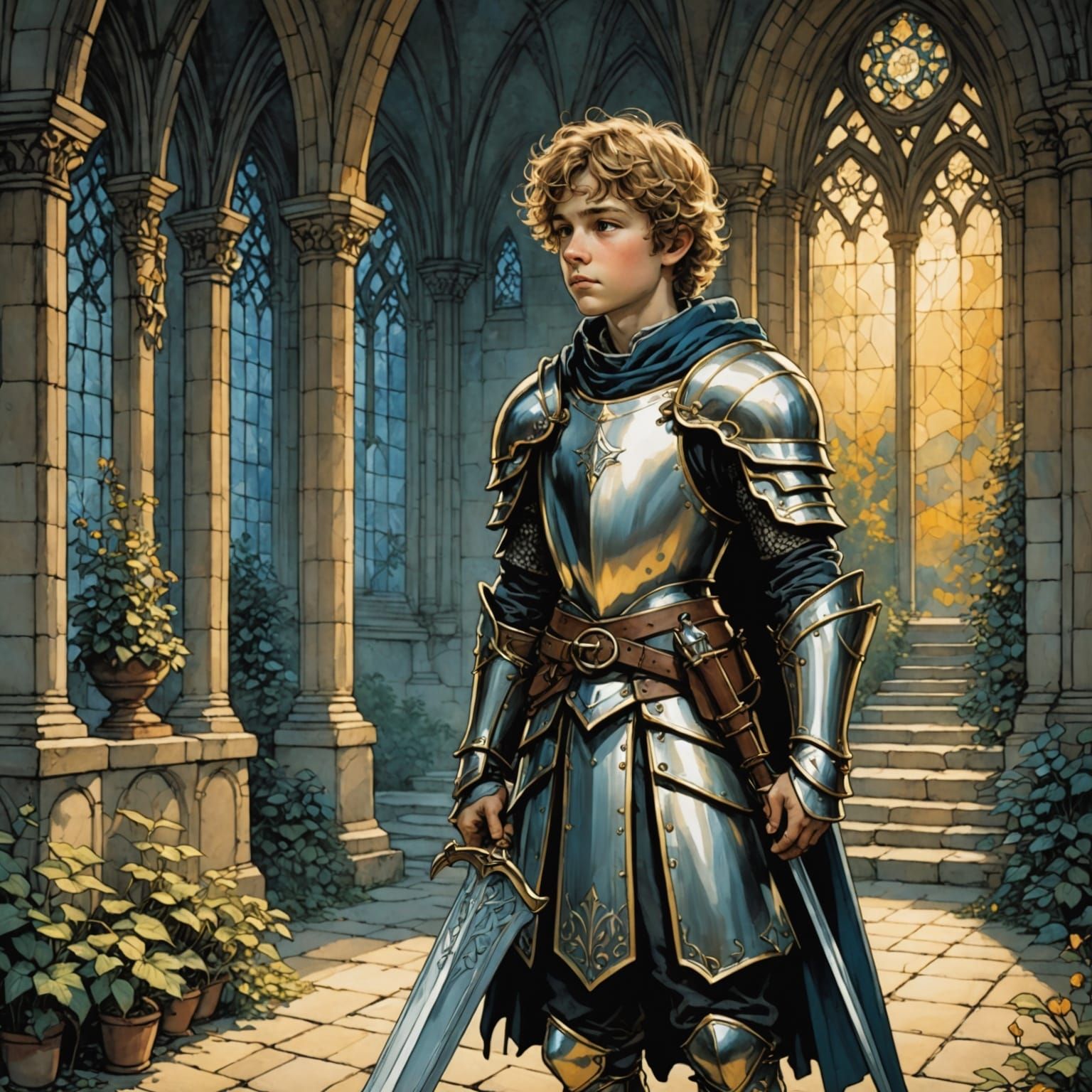 Luminous Young Paladin in Chapel, Fairytale Style