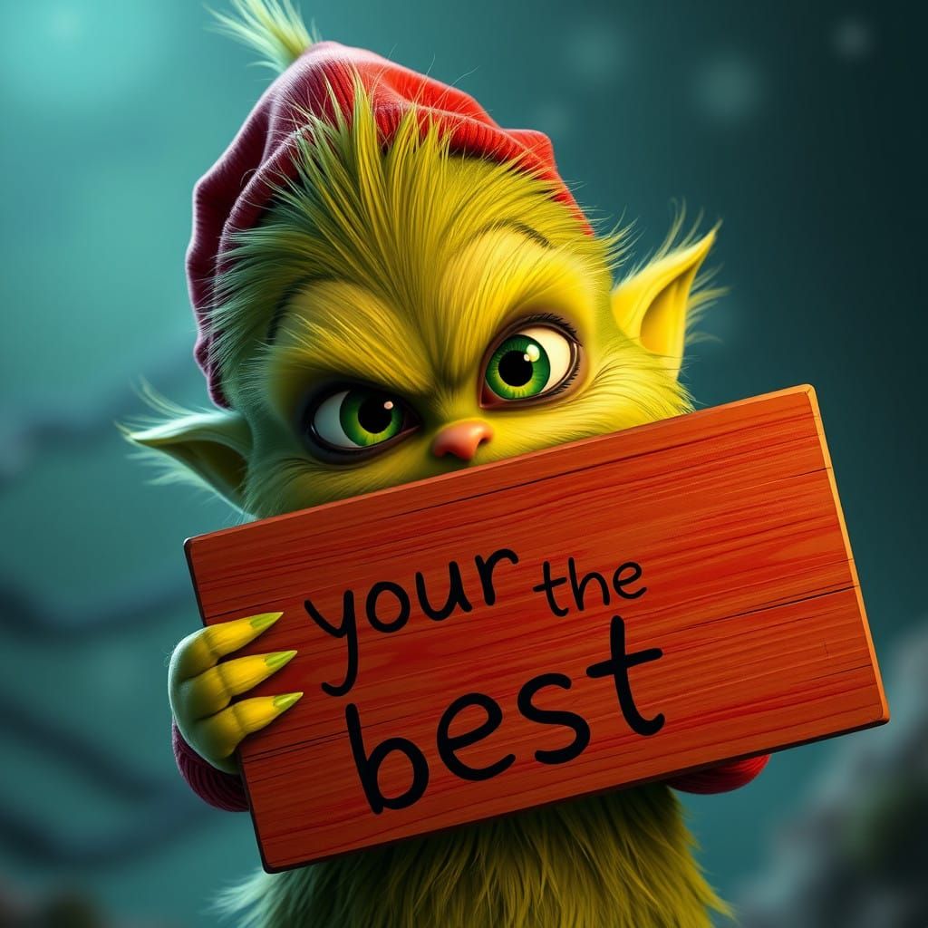 Baby Grinch Holds Heartfelt Sign in Whimsical Matte Painting