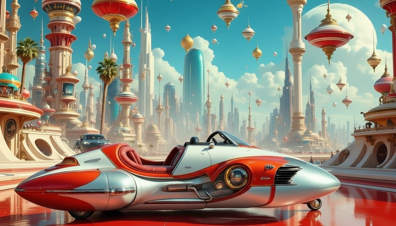 Retro-Futuristic Hover Craft in Surreal Cityscape