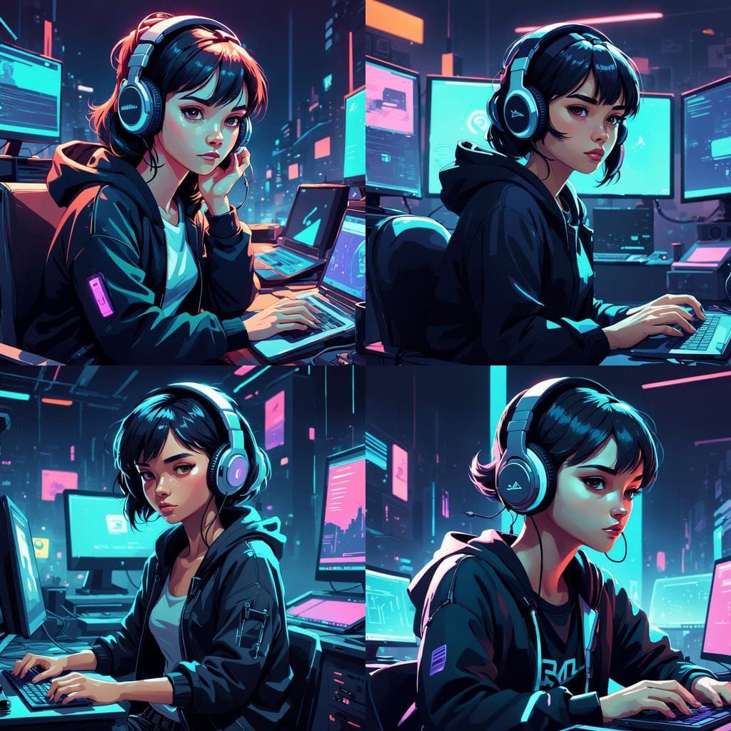 Cyberpunk Girl Working in a Retrofuturistic Office