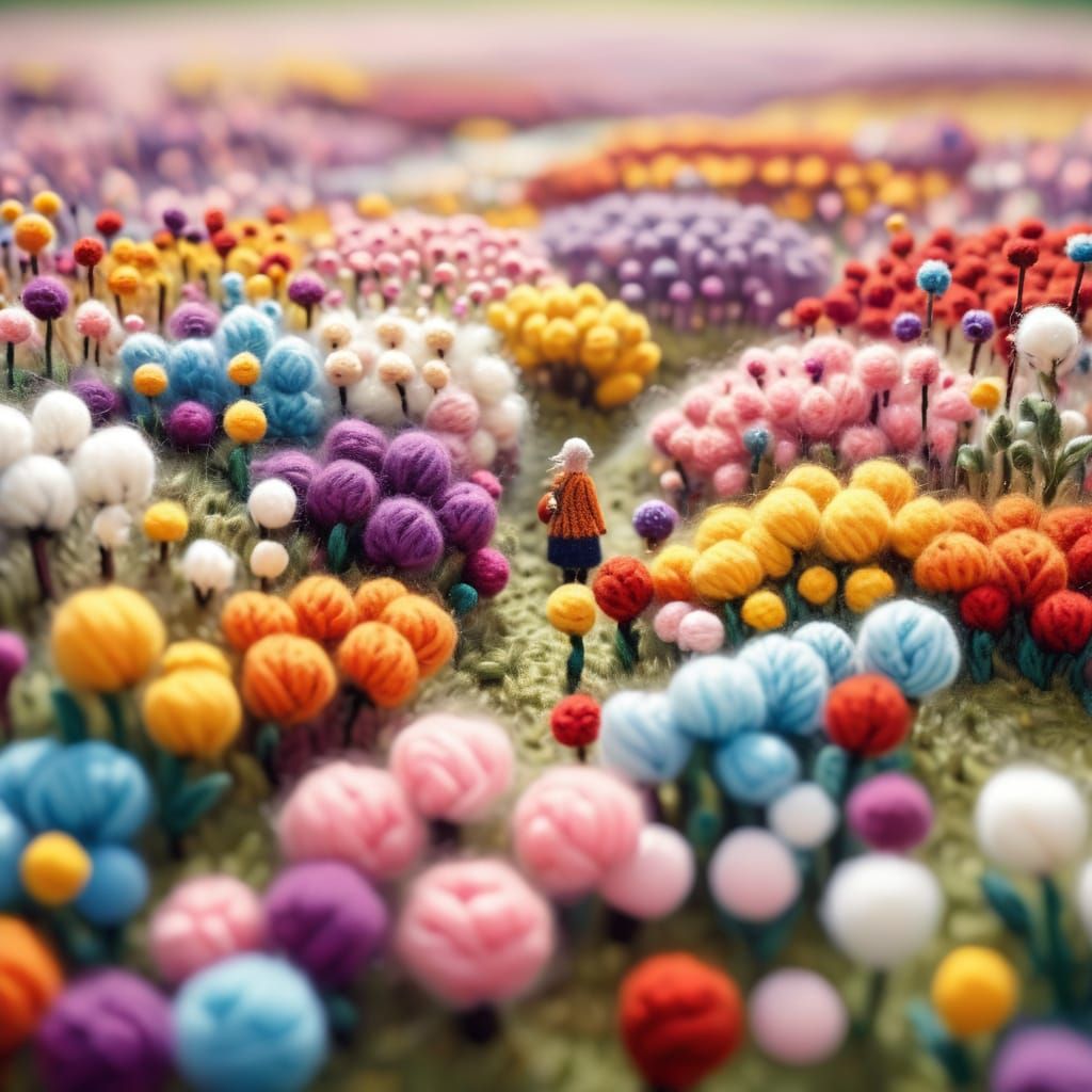 Surreal Knitted Pom Pom Flower Field: Macro Photography