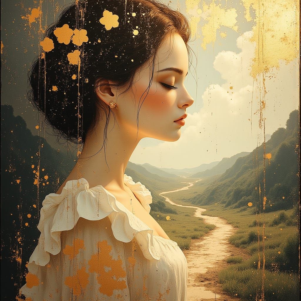 Philosophical Fashionista in Dreamy Landscape