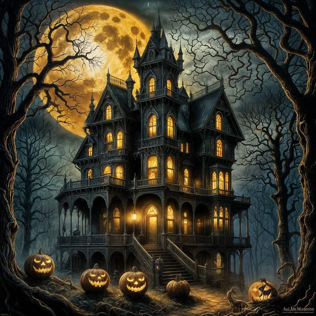 Creepy Victorian Mansion Under a Full Moon