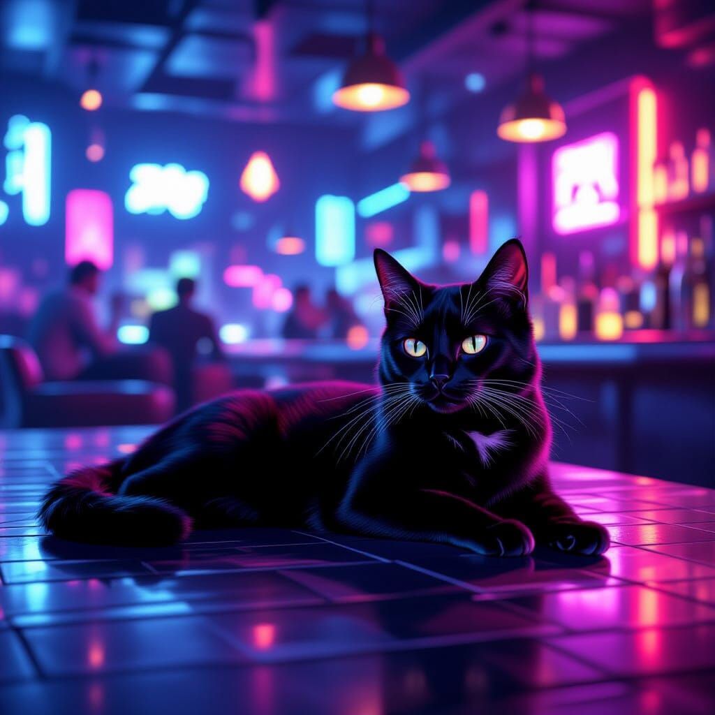 Abstract art. A sleek black cat lounges in a neon-lit cyberpunk bar Medium shot. Angular polygons create a fragmented, f...