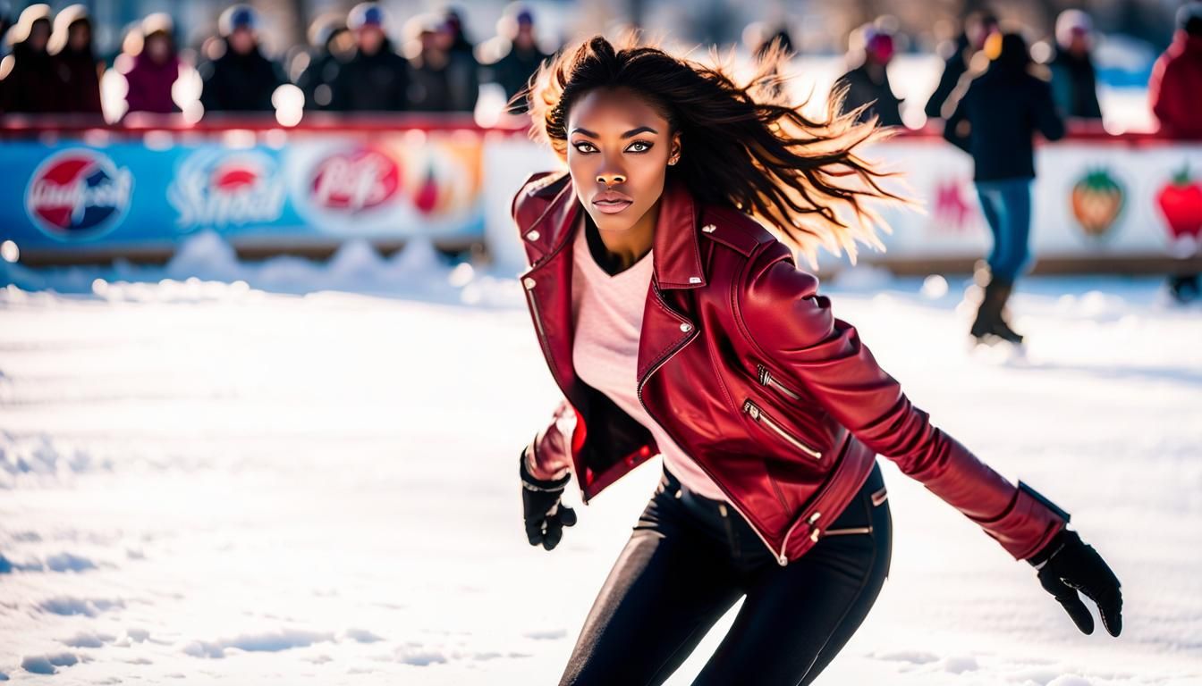 Brunette Girl Skating in Snow: 8K Portrait