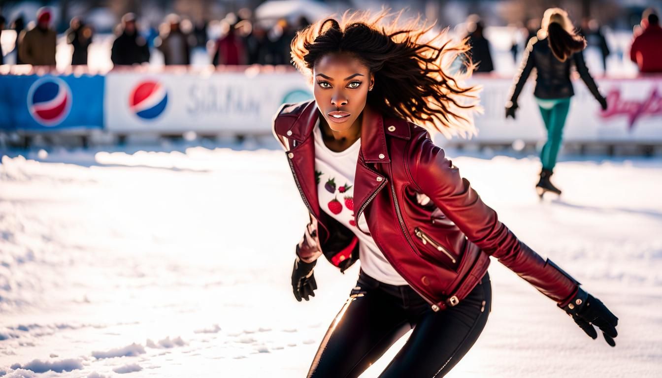 Brunette Girl Skating in the Snow: High-Resolution Portrait