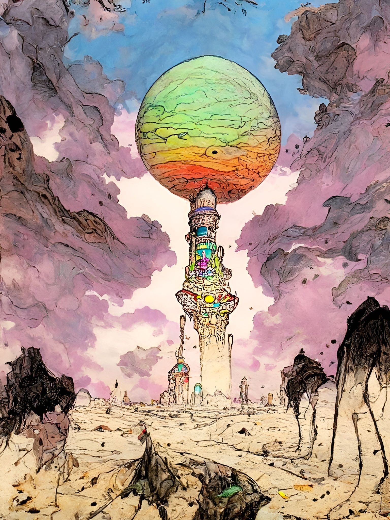 Colorful Surreal Tower in Alien Landscape