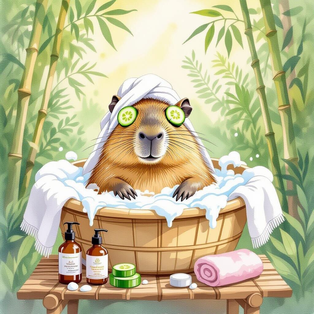 A serene spa scene featuring a capybara luxuriating in a bub...