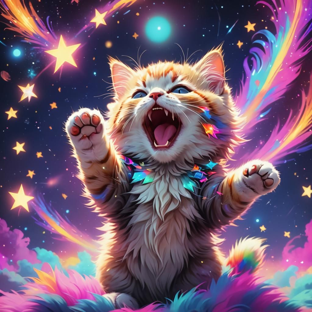 Glitter Kitten Laughing in Synthwave Neon Style