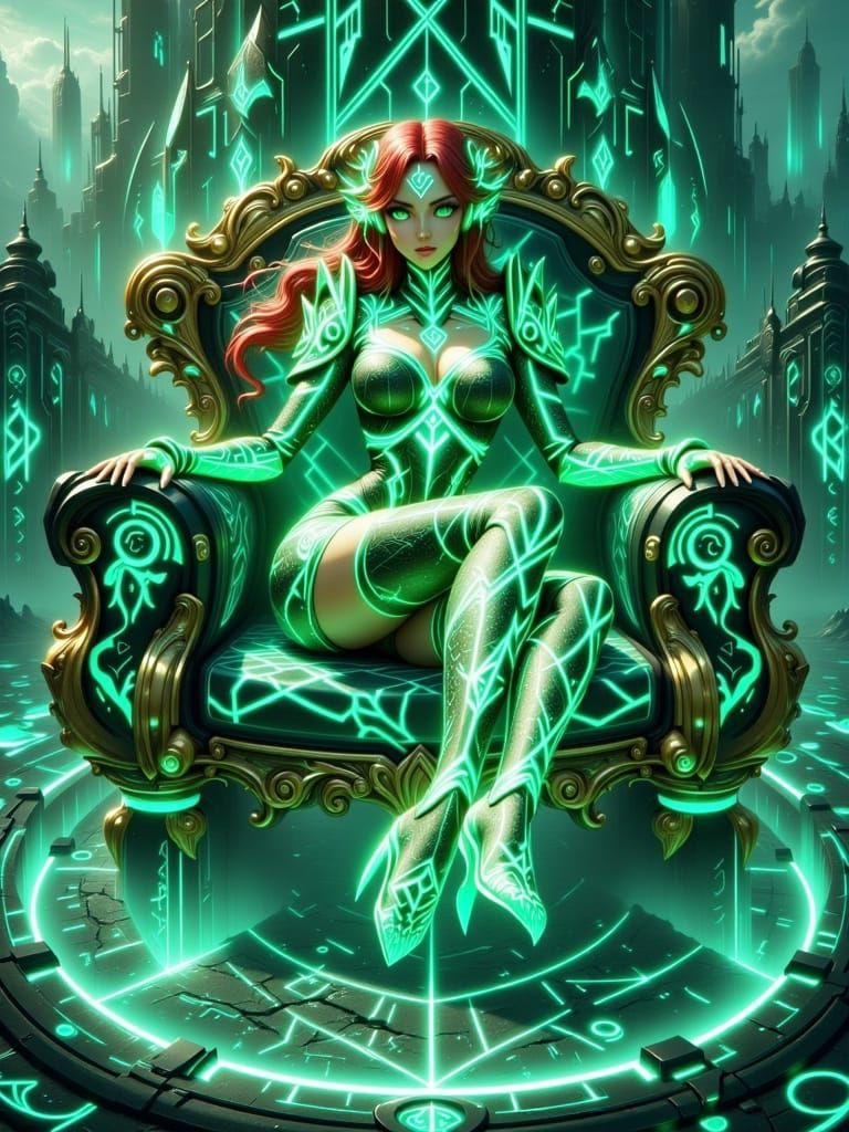 Anime Dragon Queen on Green Glass Throne in Grand Castle
