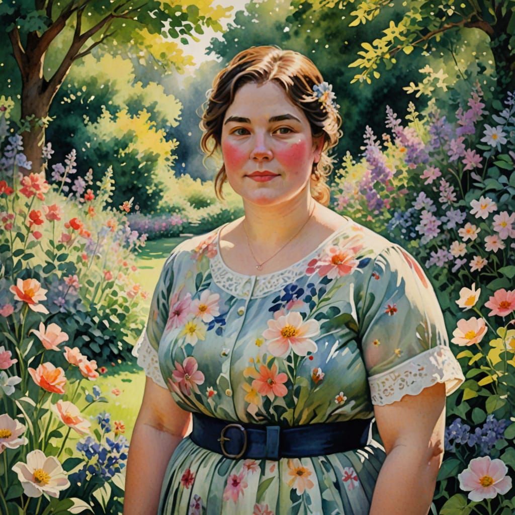 Vibrant Plus-Sized Woman in Lush Garden Watercolor
