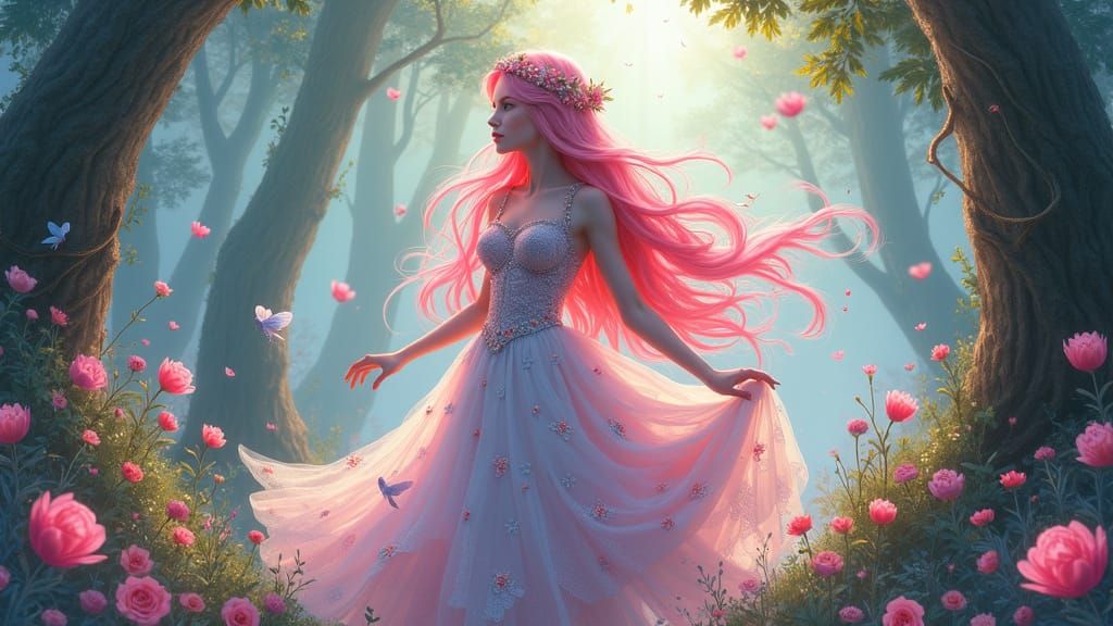 Whimsical Princess Dancing with Faeries in a Vibrant Candyla...