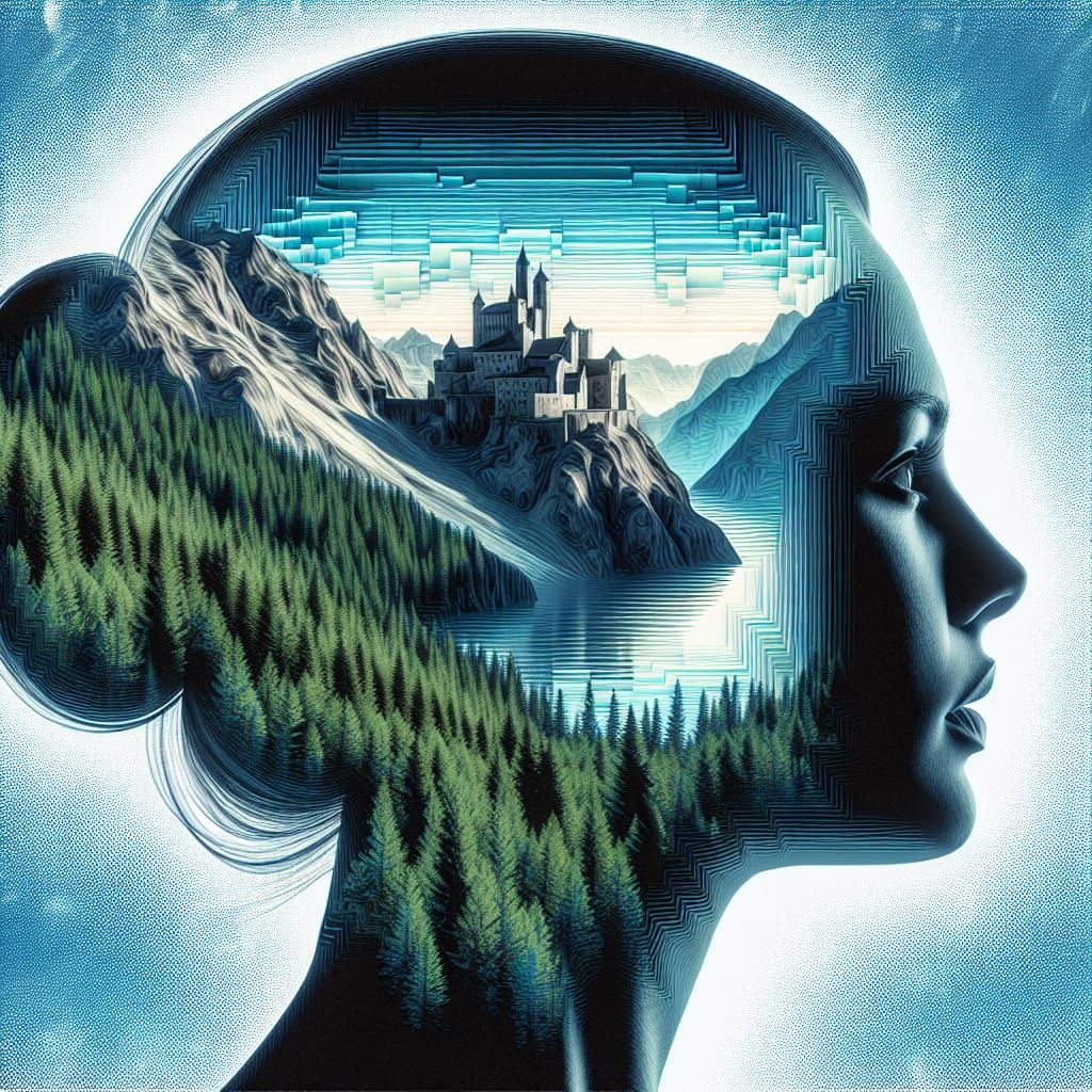 Woman's Head Silhouette with Mountain Fortress, Holographic ...