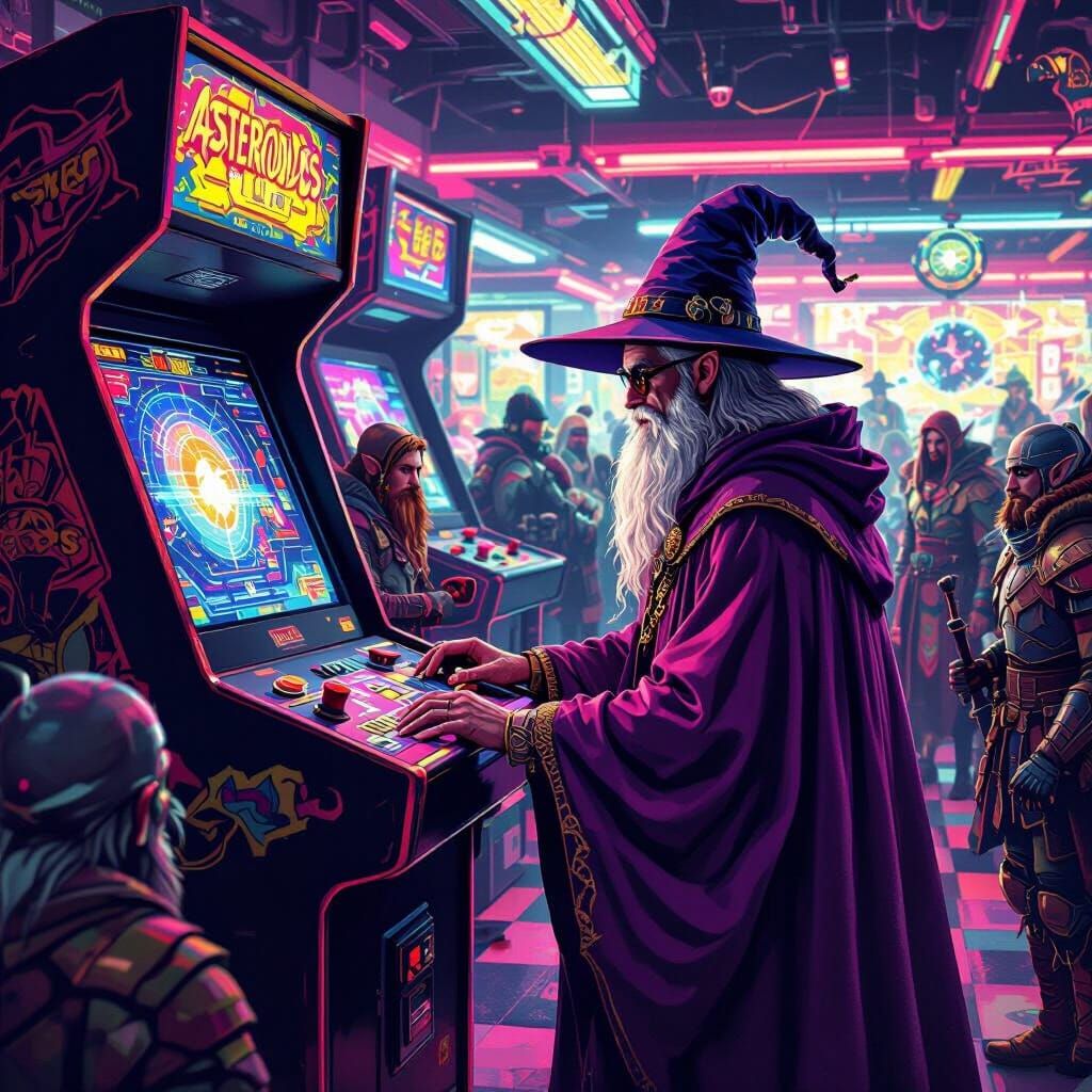 Wizard Plays Asteroids in Retro-Futuristic Arcade