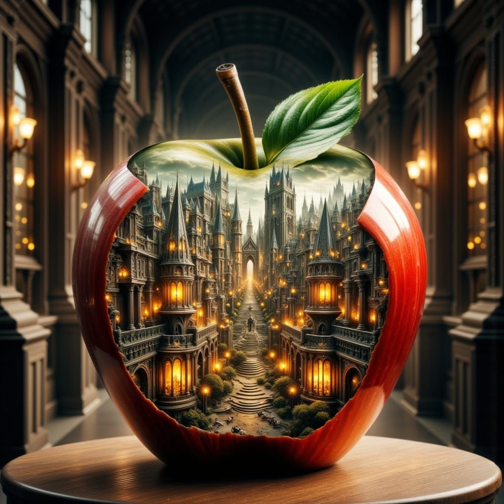 a gigantic apple, with a shiny, reflective ...