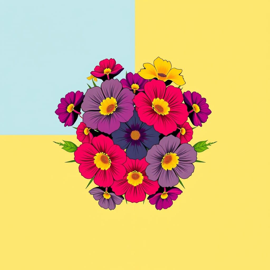 Bold Pop Art Floral Composition in Vibrant Triadic Colors