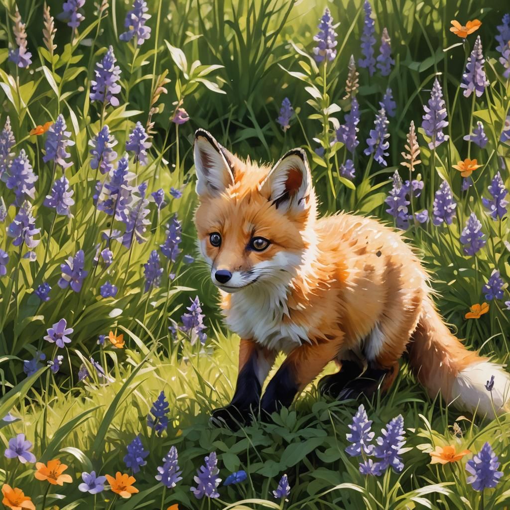 Fox Cub Frolicking in Wildflower Meadow