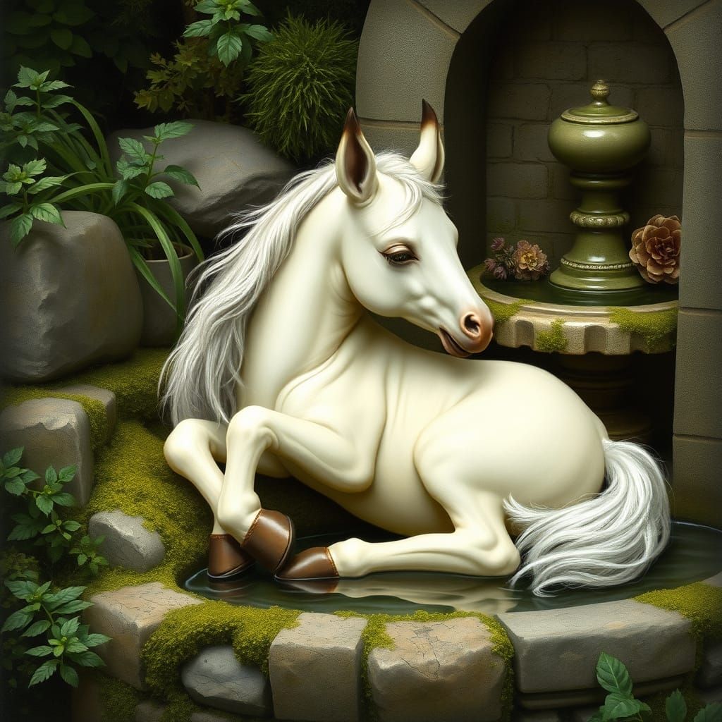 Mythical Unicorn Foal Beside Whimsical Fountain