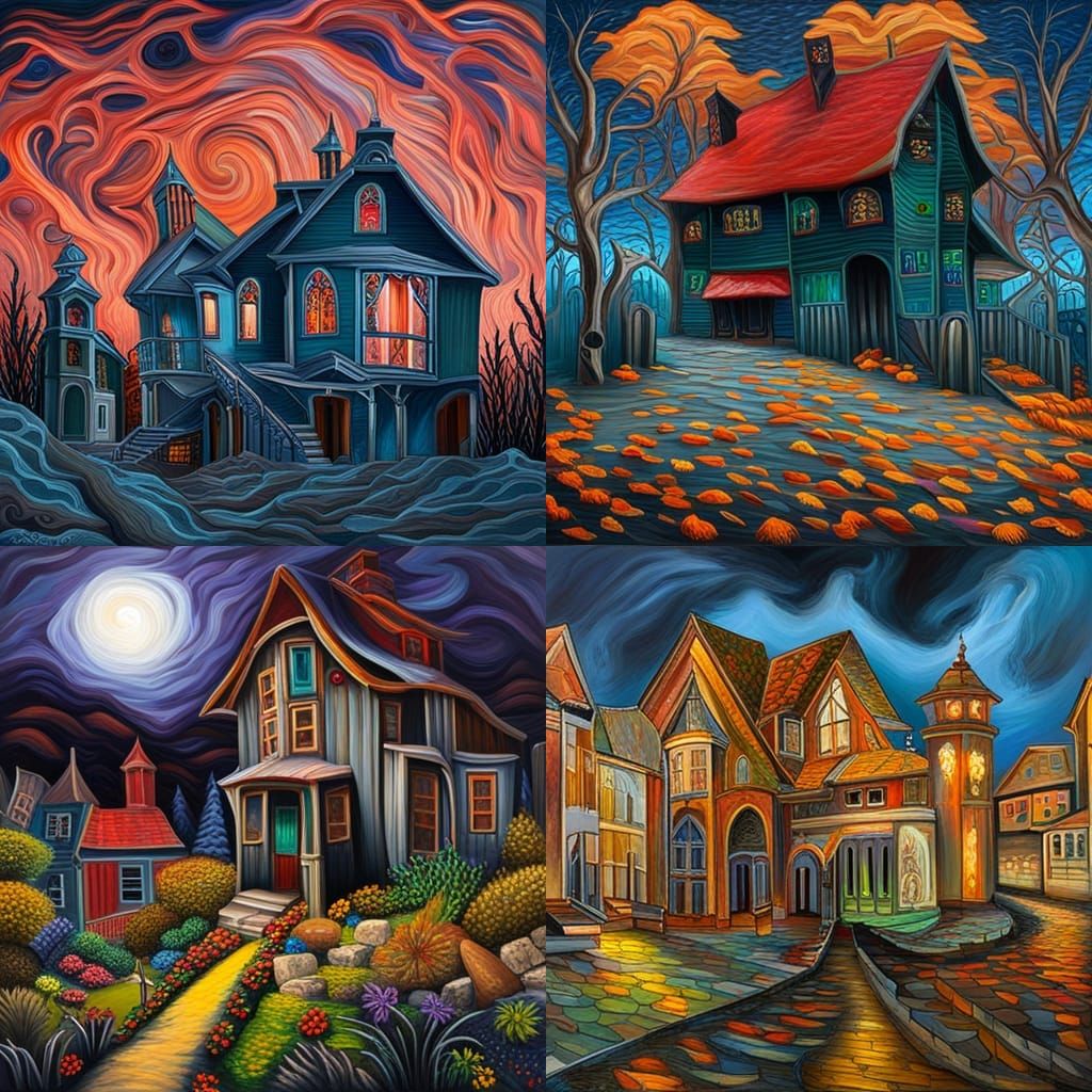 Ominous Haunted House in Neo-Impressionist Style