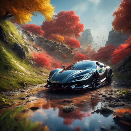 Neon Fantasy Landscape with Magical Creatures