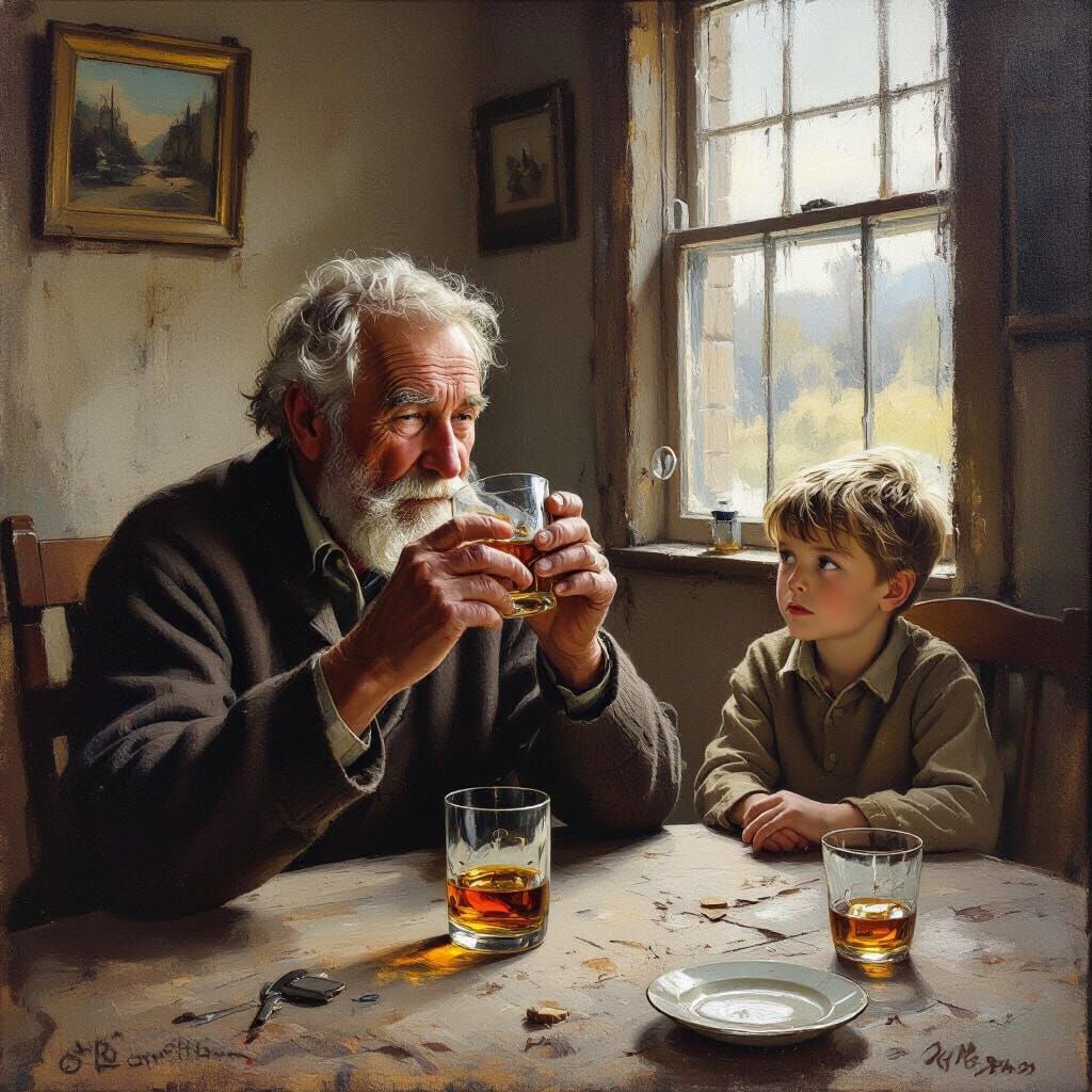Grandfather Drinks Whisky with Grandson in Modest Home