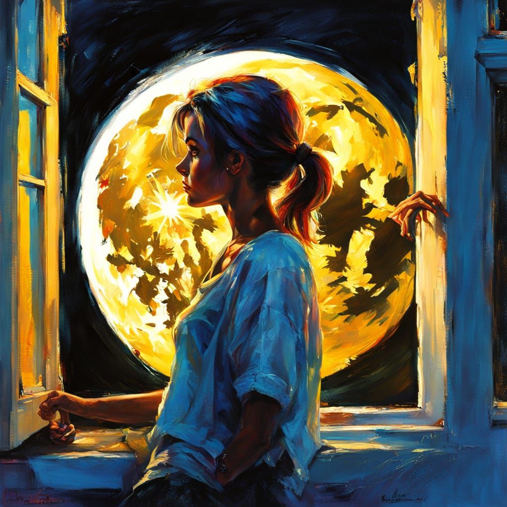 Woman Watches Full Moon in Blacklight Neon Style