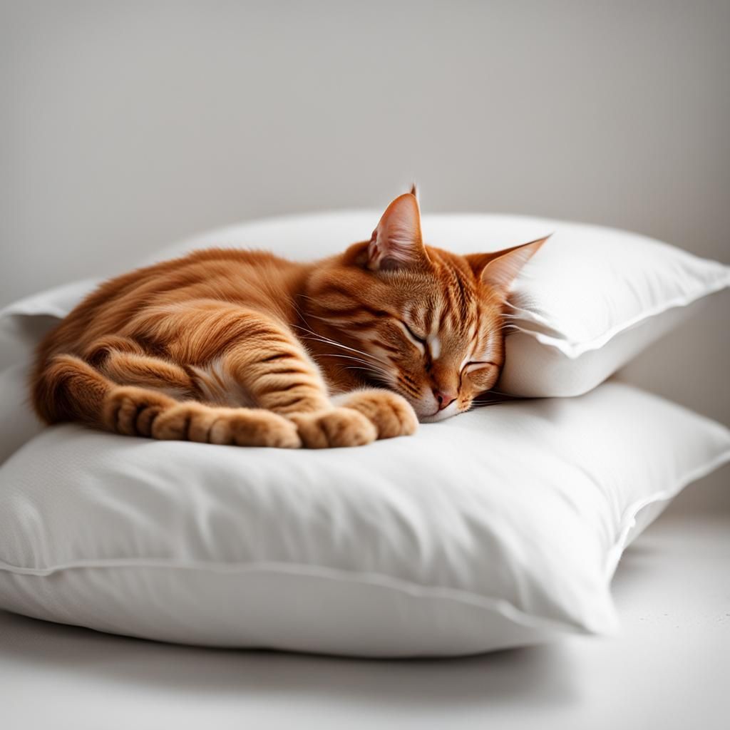 Sleeping Copper Cat on White Pillow