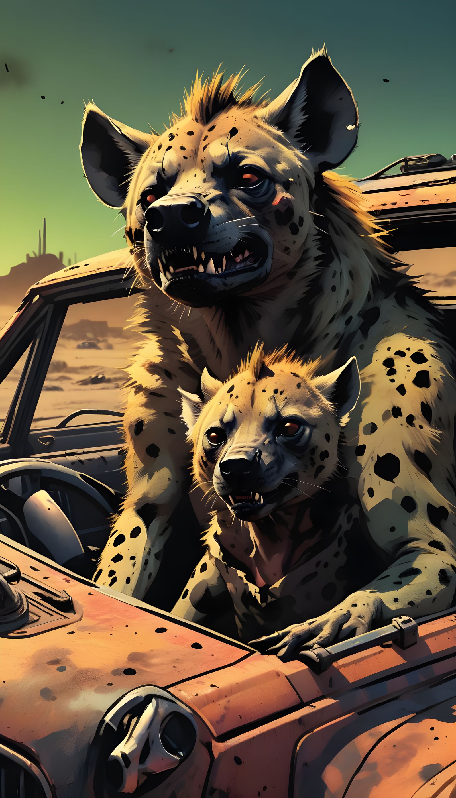 Hyenas in apocalyptic wasteland.