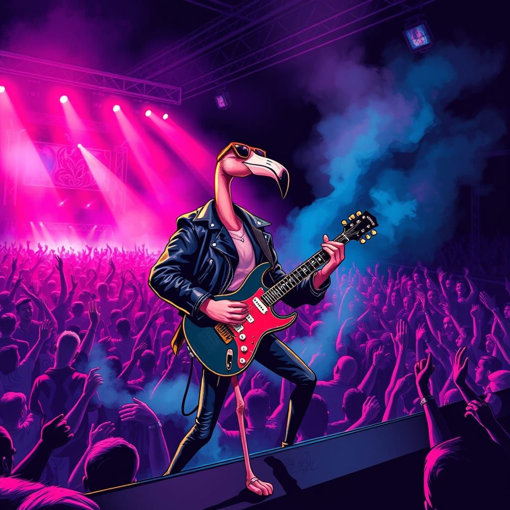 Rock Star Flamingo Shreds Guitar in Bold Comic Style