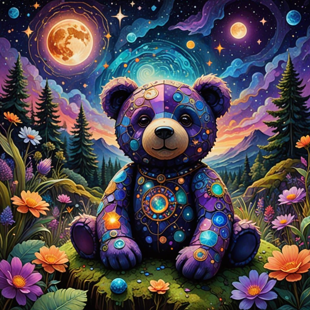 Cosmic Patchwork Teddy in a Dreamlike Garden