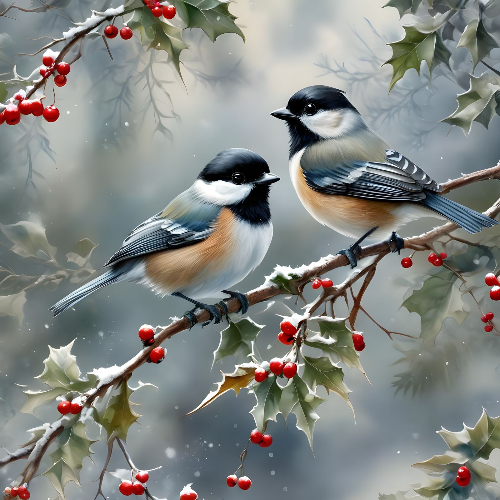 Romantic Winter Scene with Stylized Chickadees and Holly