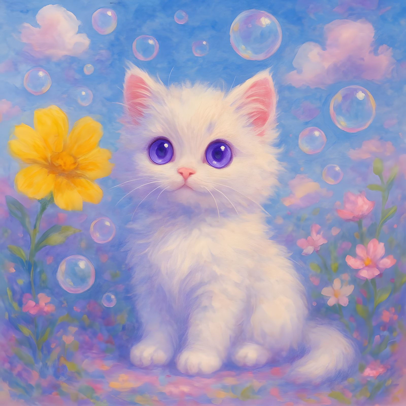 Fluffy Kitten in Dreamy Landscape Painting