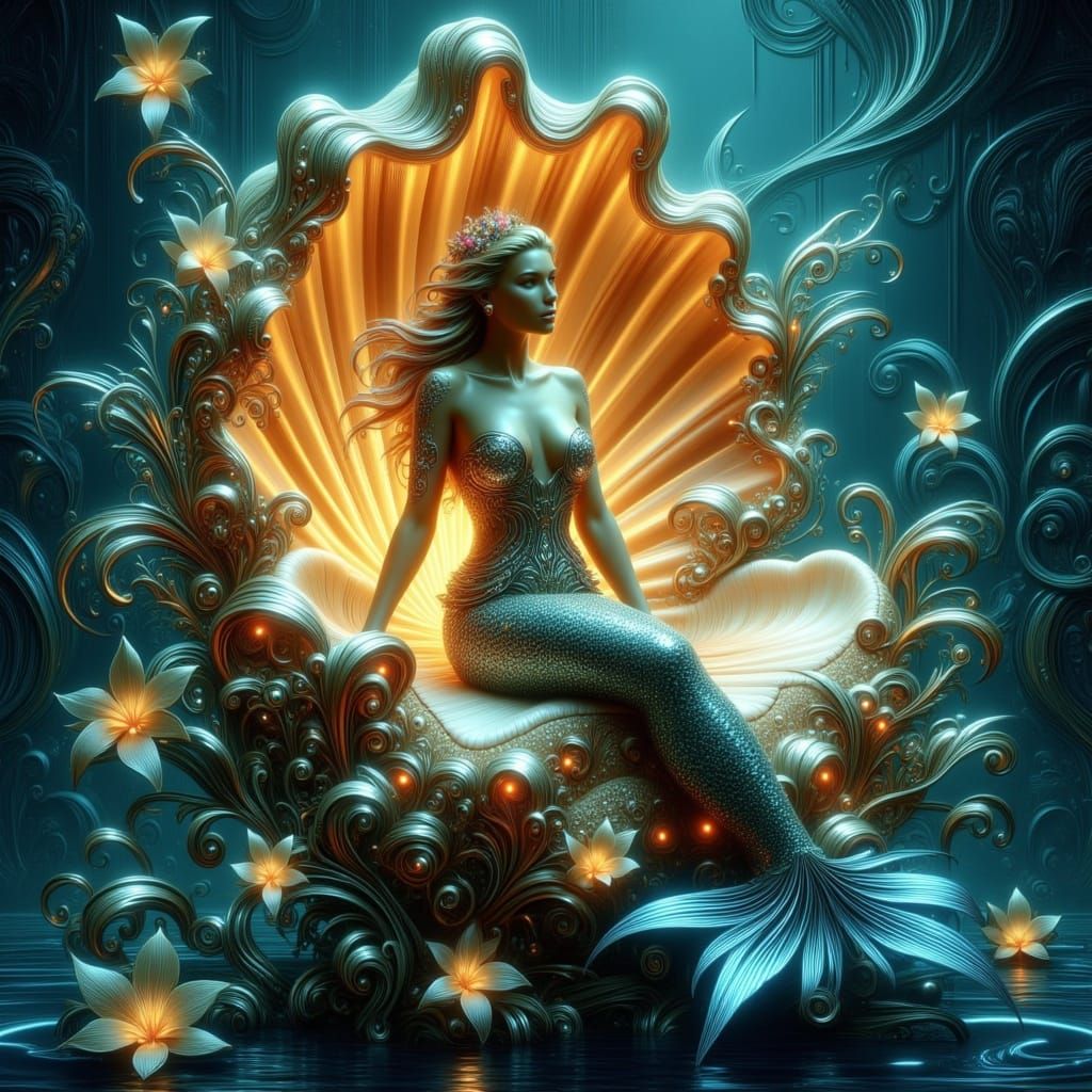 Ethereal Mermaid Reigns on a Glowing Pearl Throne in Art Nou...