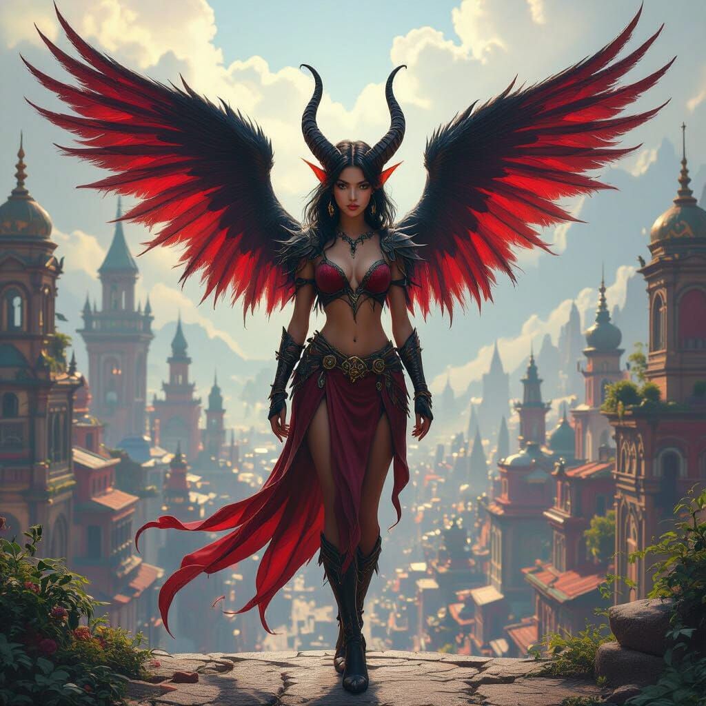 Fantasy Demon Woman with Feathered Wings in Cityscape