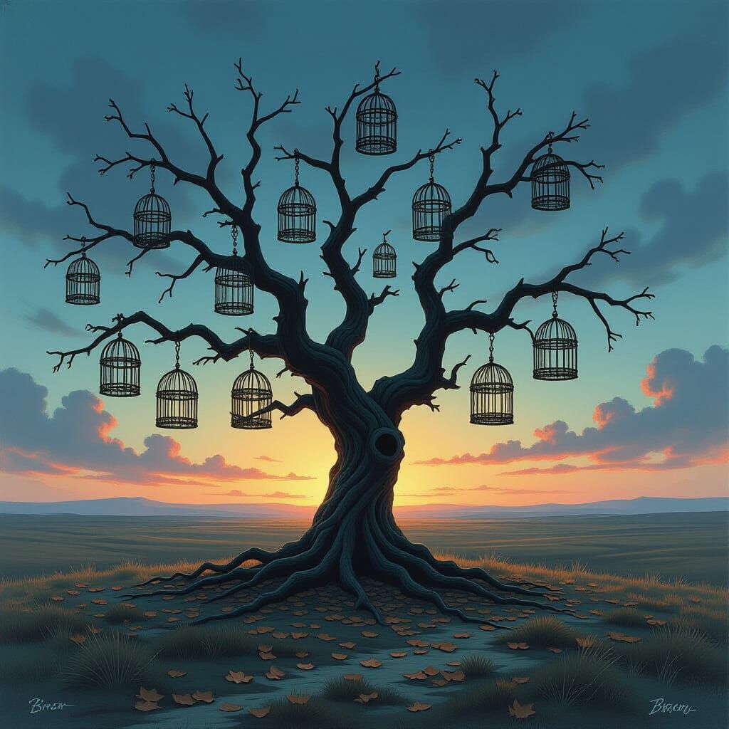 Ancient Tree With Birdcage Branches in Twilight