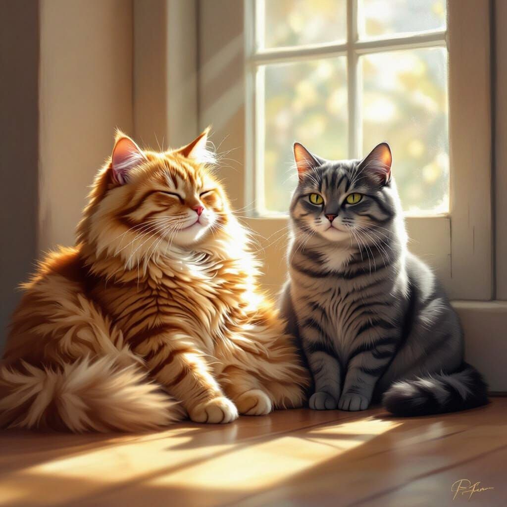 Ginger and Grey Cats Lounging in Sunlight