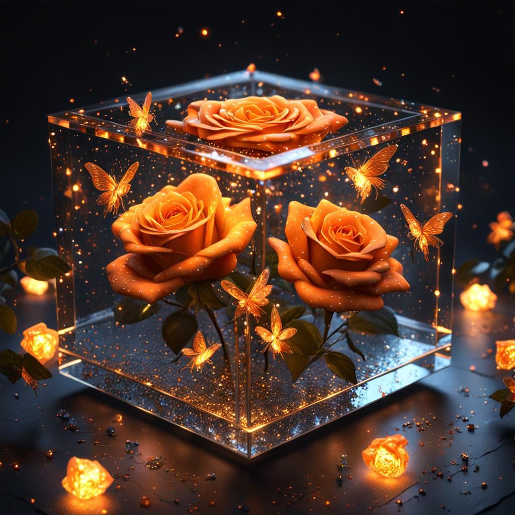 Crystal Cube with Roses and Fireflies in CGI Render