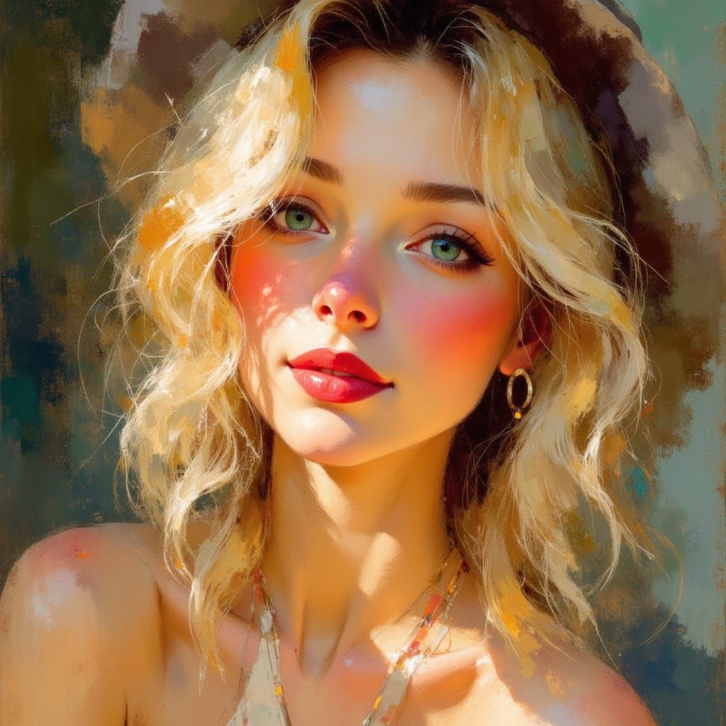 Happy Woman with Blonde Bob in Impressionistic Style