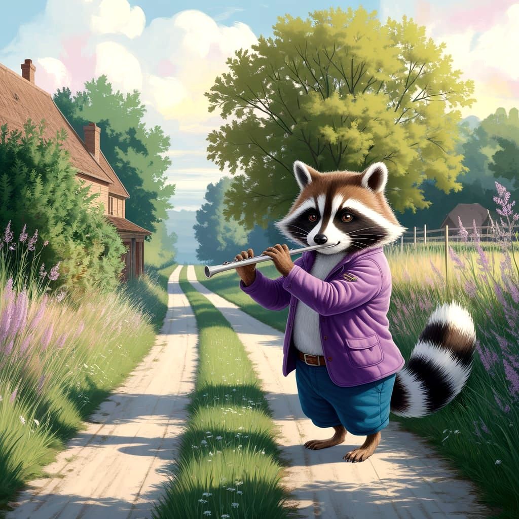 Whimsical Raccoon Flautist in Countryside Setting