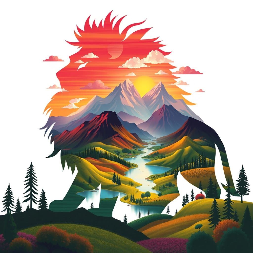 Lion Silhouette Filled with Dreamy Landscape Art