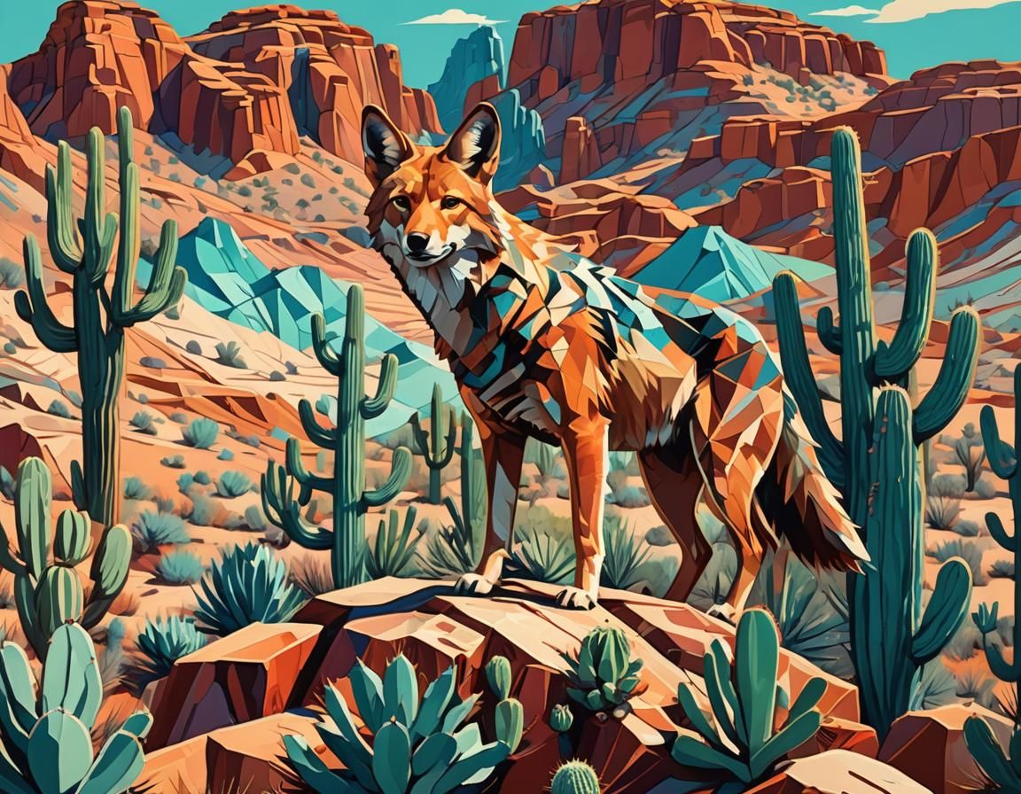 Cubist Desert Landscape with Coyote in Fauvist Style