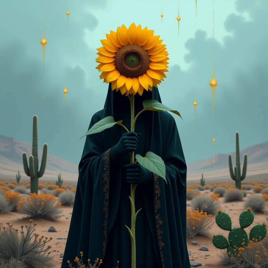 Dreamlike Figure with Sunflower in Stormy Landscape
