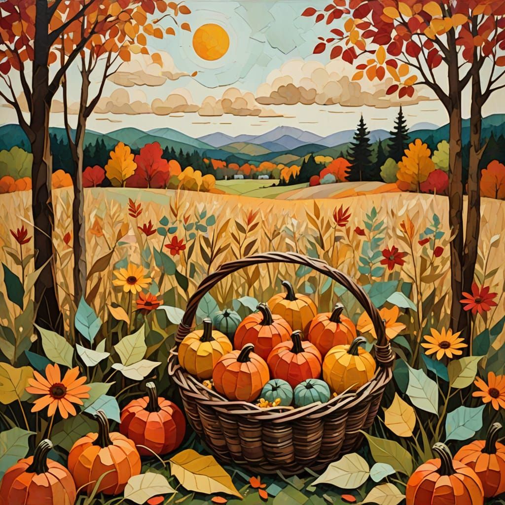 Autumn Meadow Collage: Pumpkins, Gourds, and Corn in Golden ...