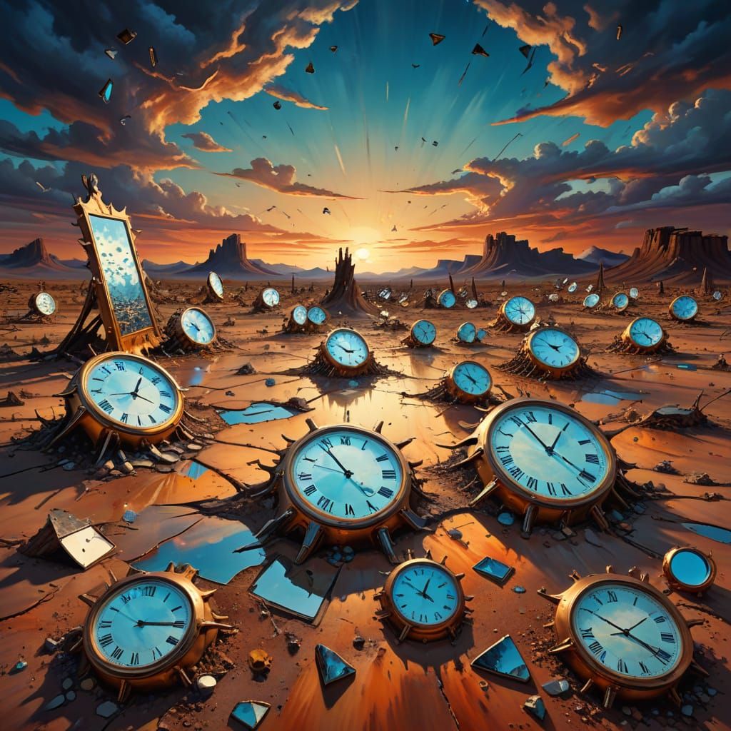 Surreal Desert of Broken Clocks in Dali Style