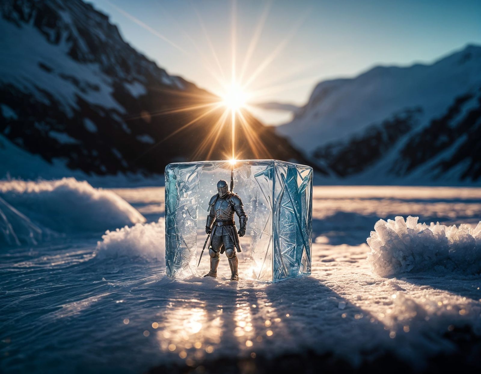 Frozen Knight in Ethereal Ice Cube, Cinematic Film Still