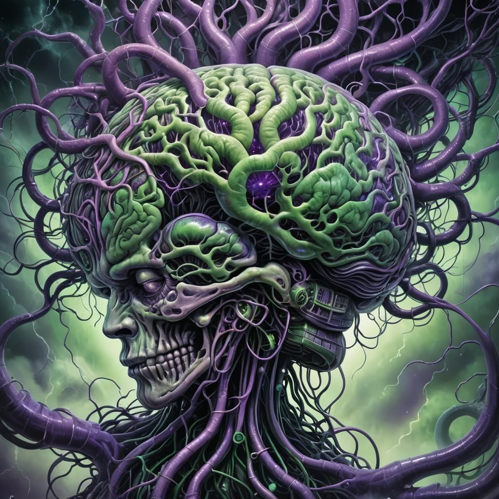 Humanoid Brain with Iridescent Tendrils, Surreal Illustratio...