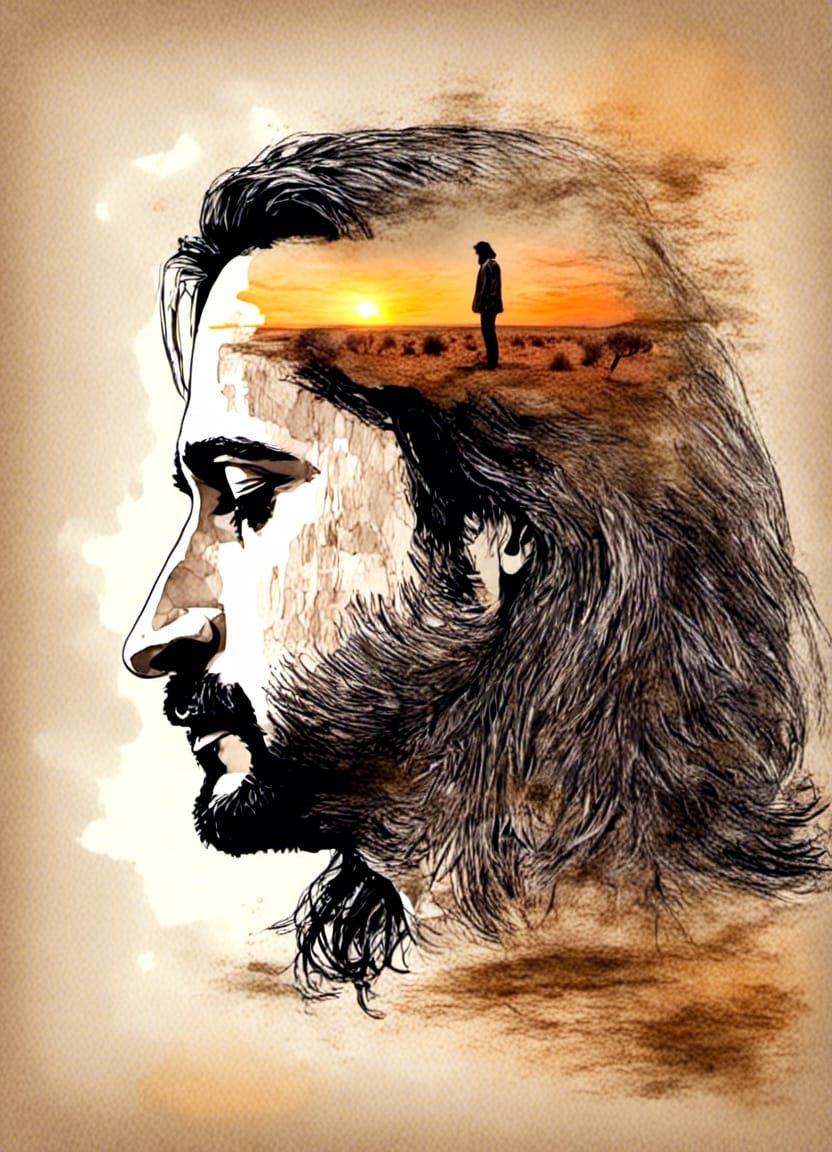 Desert Head Sunset: Double Exposure Watercolor Art